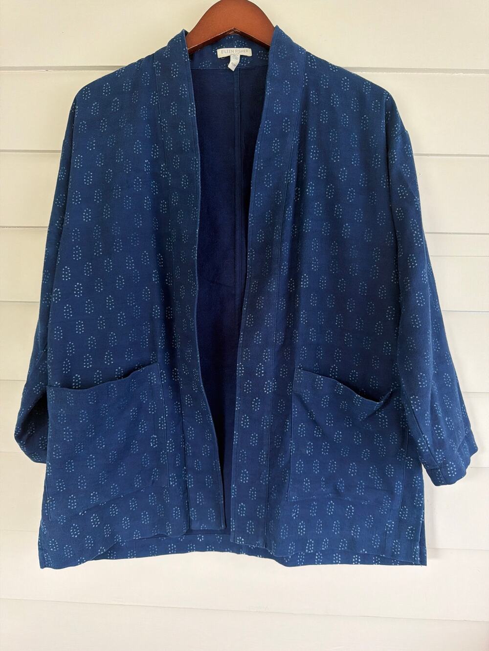 Eileen Fisher Organic Cotton Kimono Jacket S Blue Block Print Open Cardigan